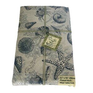 Kane Flannel Back Vinyl Tablecloth Seashells Coastal Blue Oblong 52”x90” Sealed